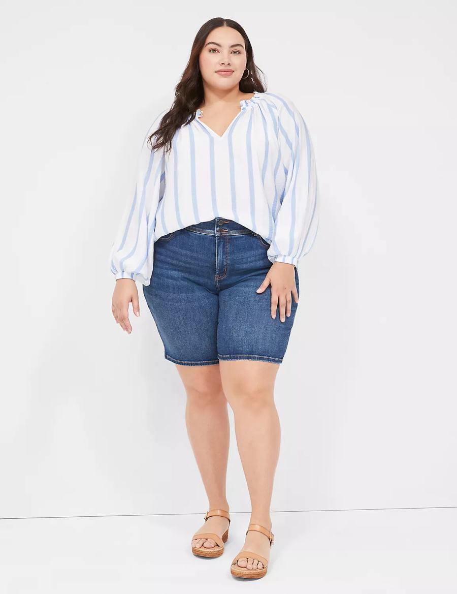 Women Lane Bryant Swing-Sleeve Popover Blouse Blue Stripes | MGG5582OL