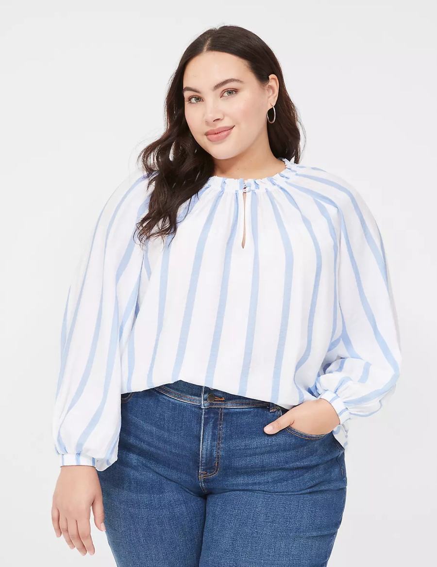 Women Lane Bryant Swing-Sleeve Popover Blouse Blue Stripes | MGG5582OL