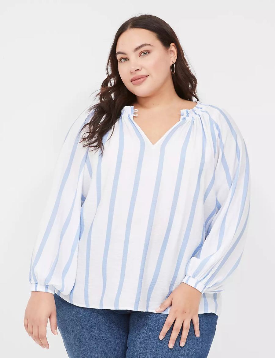 Women Lane Bryant Swing-Sleeve Popover Blouse Blue Stripes | MGG5582OL