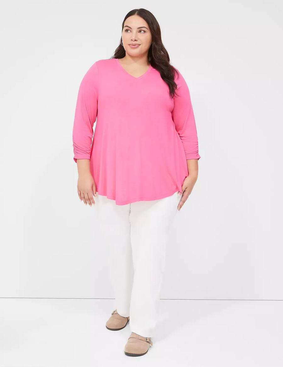 Women Lane Bryant Swing 3/4 Ruched-Sleeve Top T Shirts Fuchsia | FXI3985YN