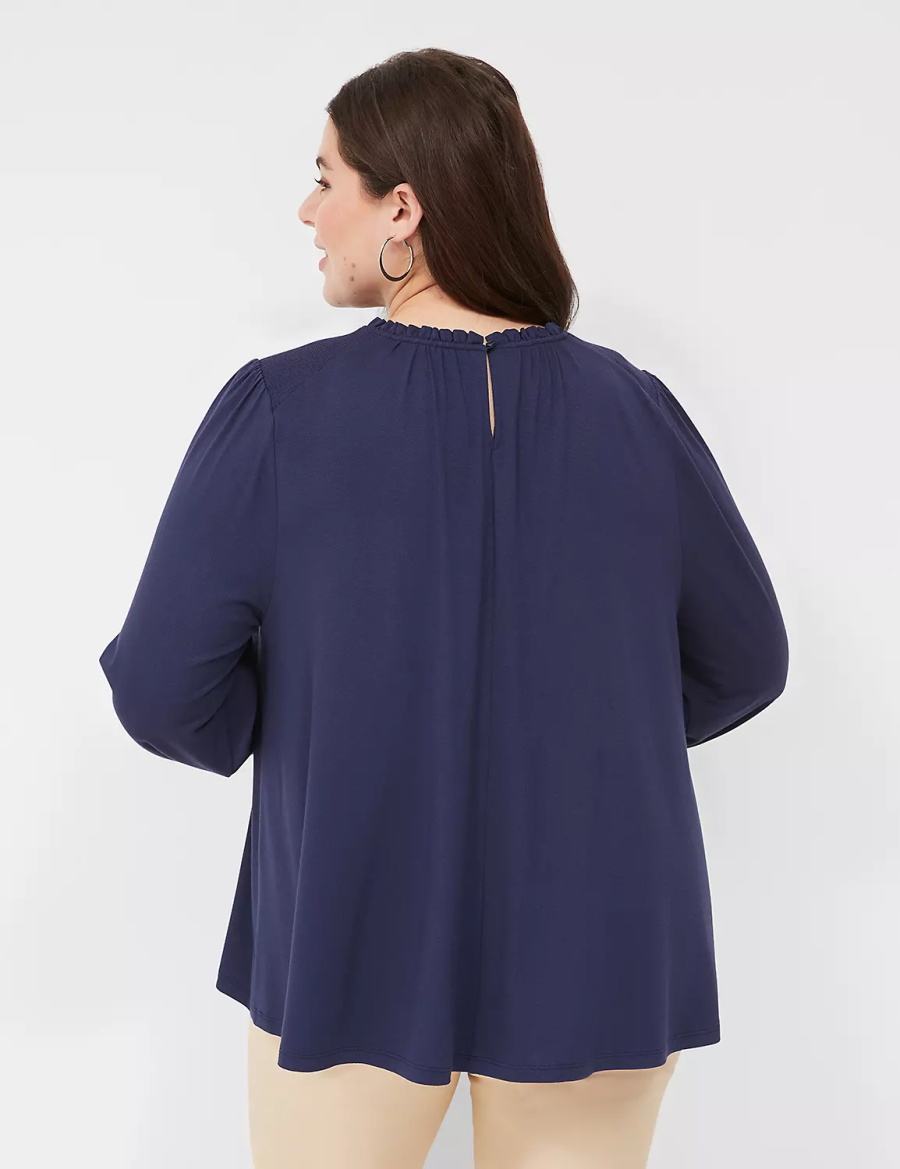 Women Lane Bryant Swing Crew-Neck Smocked-Shoulder Top Blouse Blue | TYB1999ZT