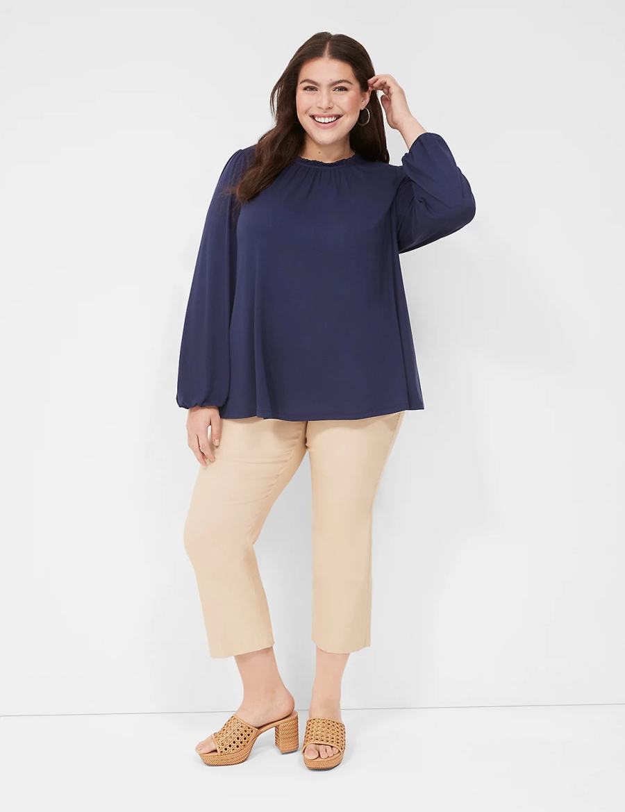 Women Lane Bryant Swing Crew-Neck Smocked-Shoulder Top Blouse Blue | TYB1999ZT