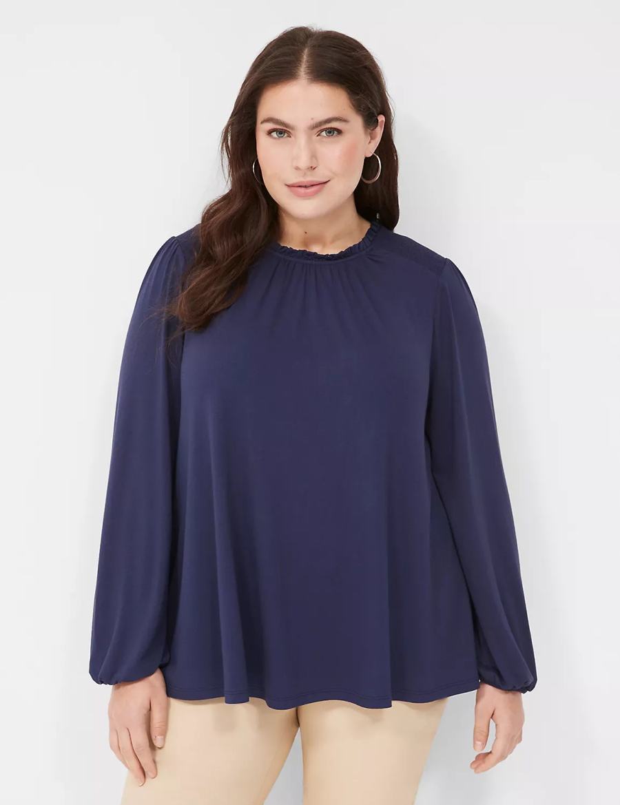 Women Lane Bryant Swing Crew-Neck Smocked-Shoulder Top Blouse Blue | TYB1999ZT