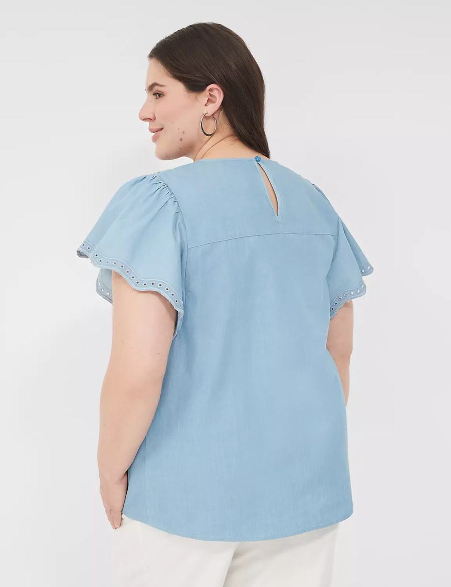 Women Lane Bryant Swing Eyelet-Trim Popover Blouse Blue | GHY24BE