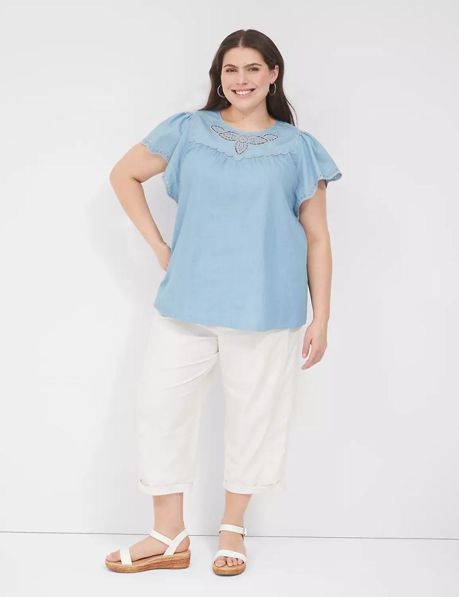 Women Lane Bryant Swing Eyelet-Trim Popover Blouse Blue | GHY24BE