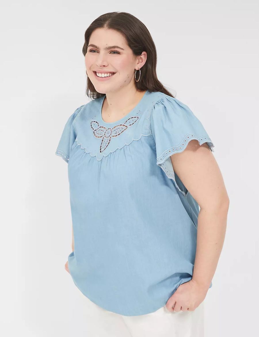 Women Lane Bryant Swing Eyelet-Trim Popover Blouse Blue | GHY24BE