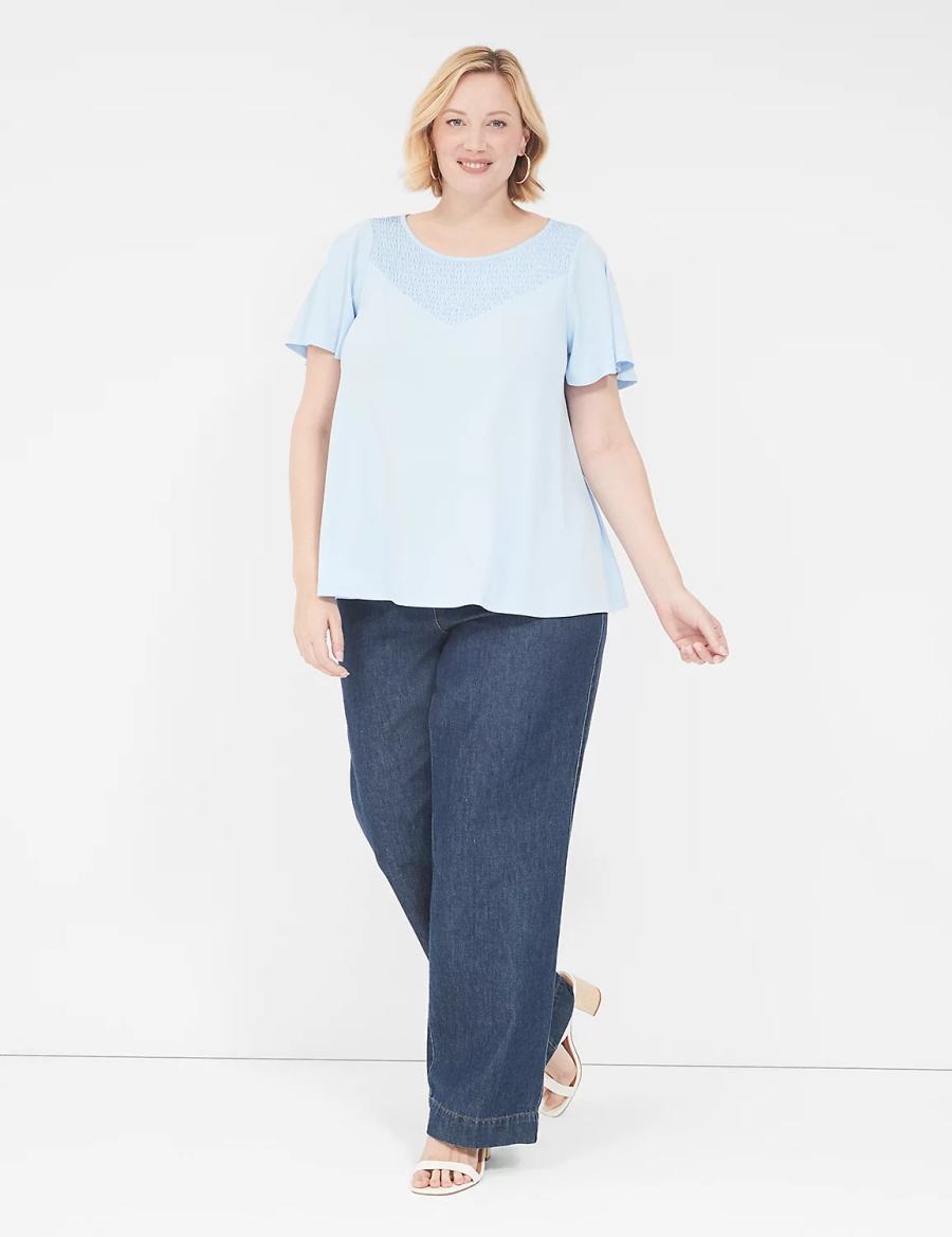 Women Lane Bryant Swing Flutter-Sleeve Smocked-Yoke Top T Shirts Blue | QRV3526QD