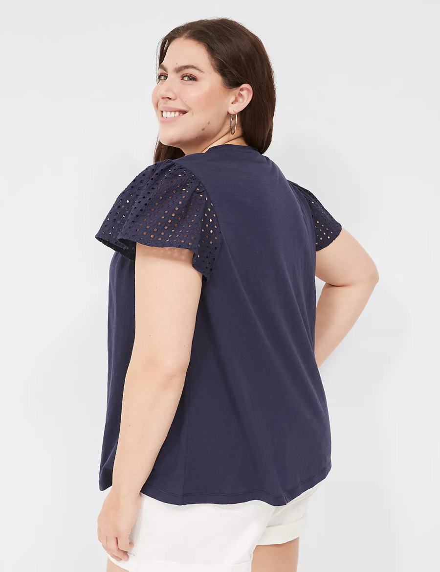 Women Lane Bryant Swing Flutter Sleeve Eyelet & Knit Tee T Shirts Blue | TCB7682SZ