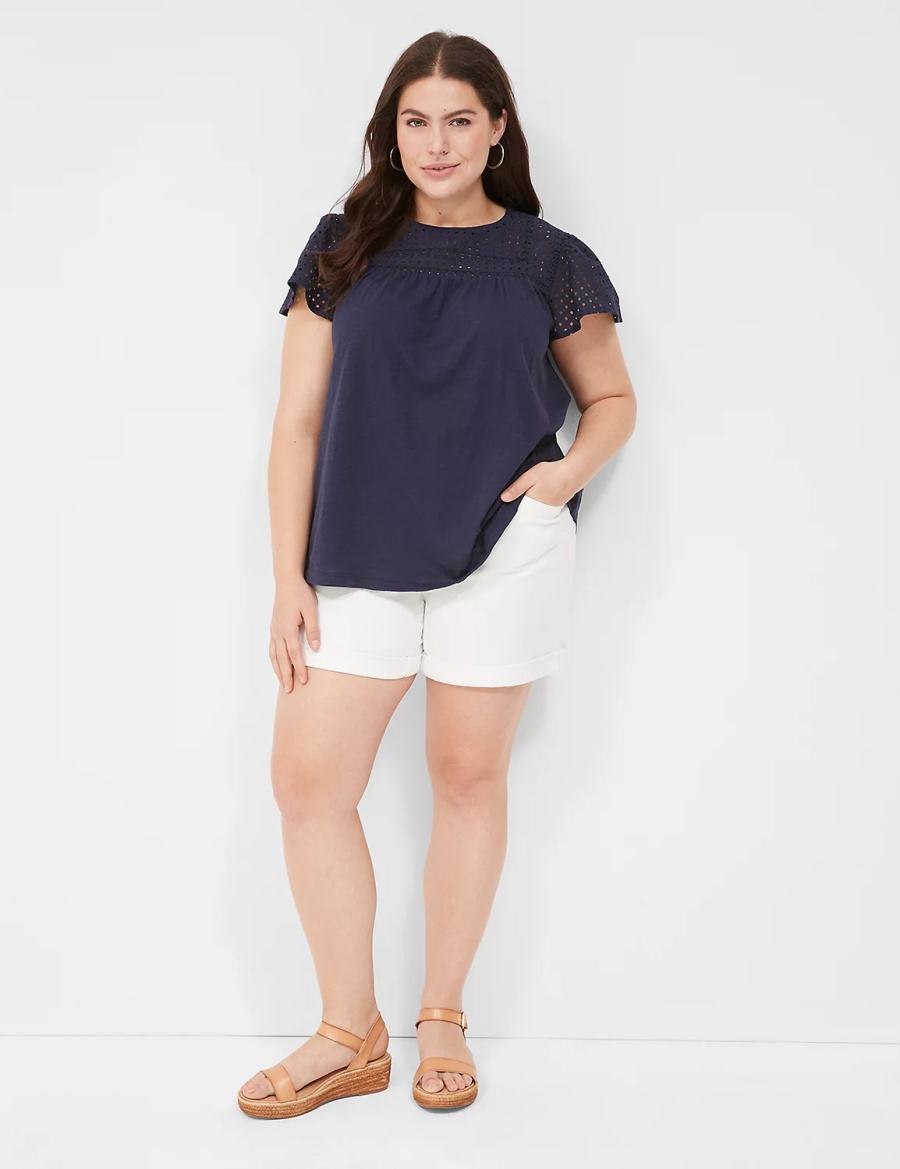 Women Lane Bryant Swing Flutter Sleeve Eyelet & Knit Tee T Shirts Blue | TCB7682SZ