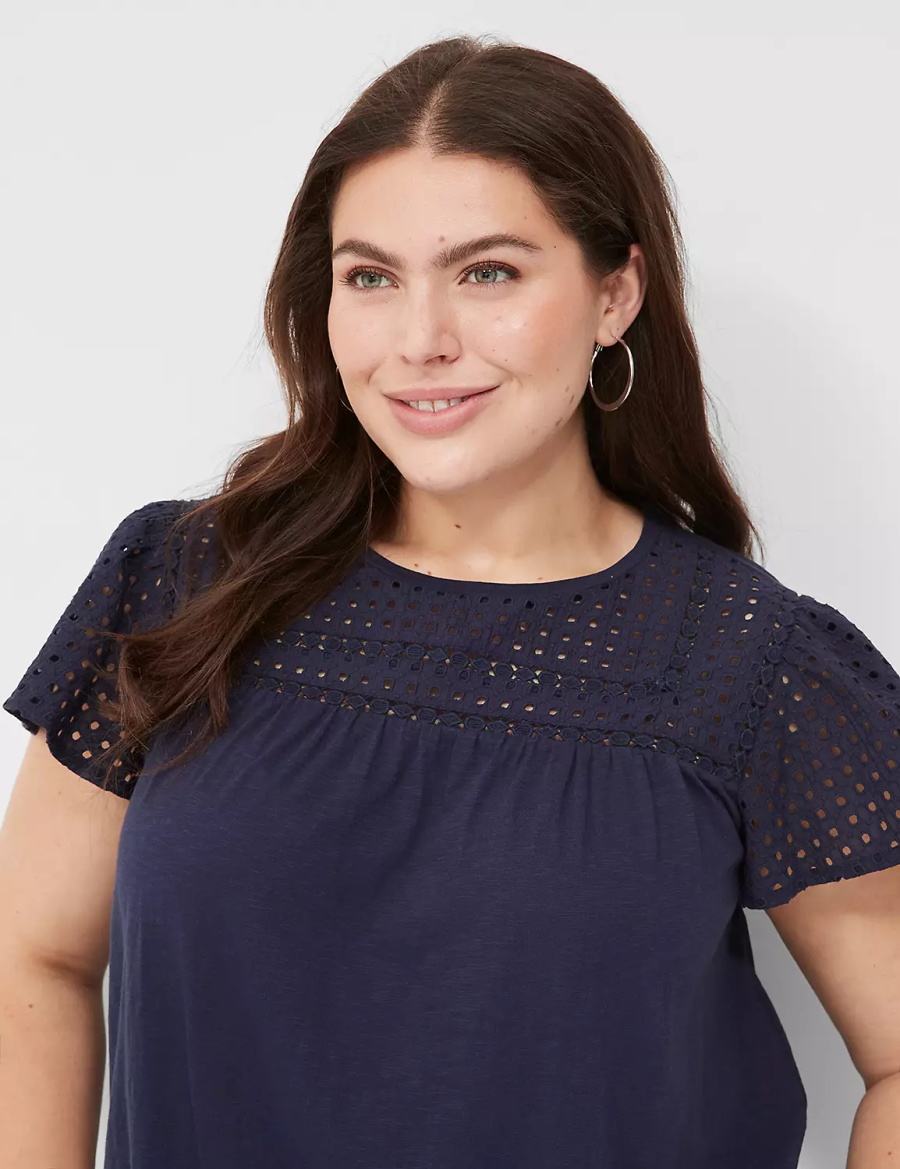 Women Lane Bryant Swing Flutter Sleeve Eyelet & Knit Tee T Shirts Blue | TCB7682SZ