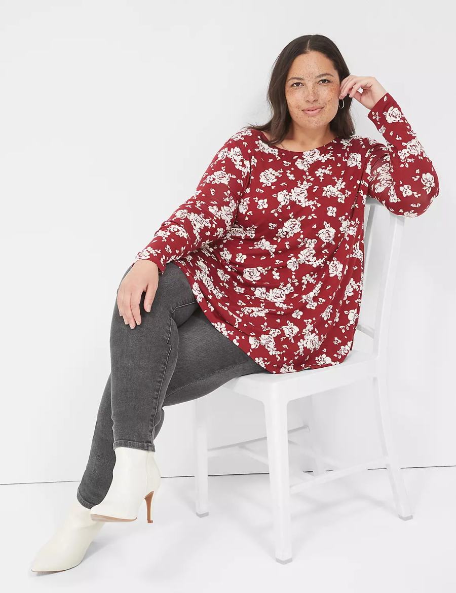 Women Lane Bryant Swing Long-Sleeve Crew-Neck Tee T Shirts Red White | TSC1590AK