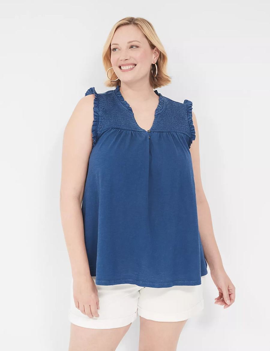 Women Lane Bryant Swing Ruffle Notch-Neck Tank Top Blue | ERK4019GZ