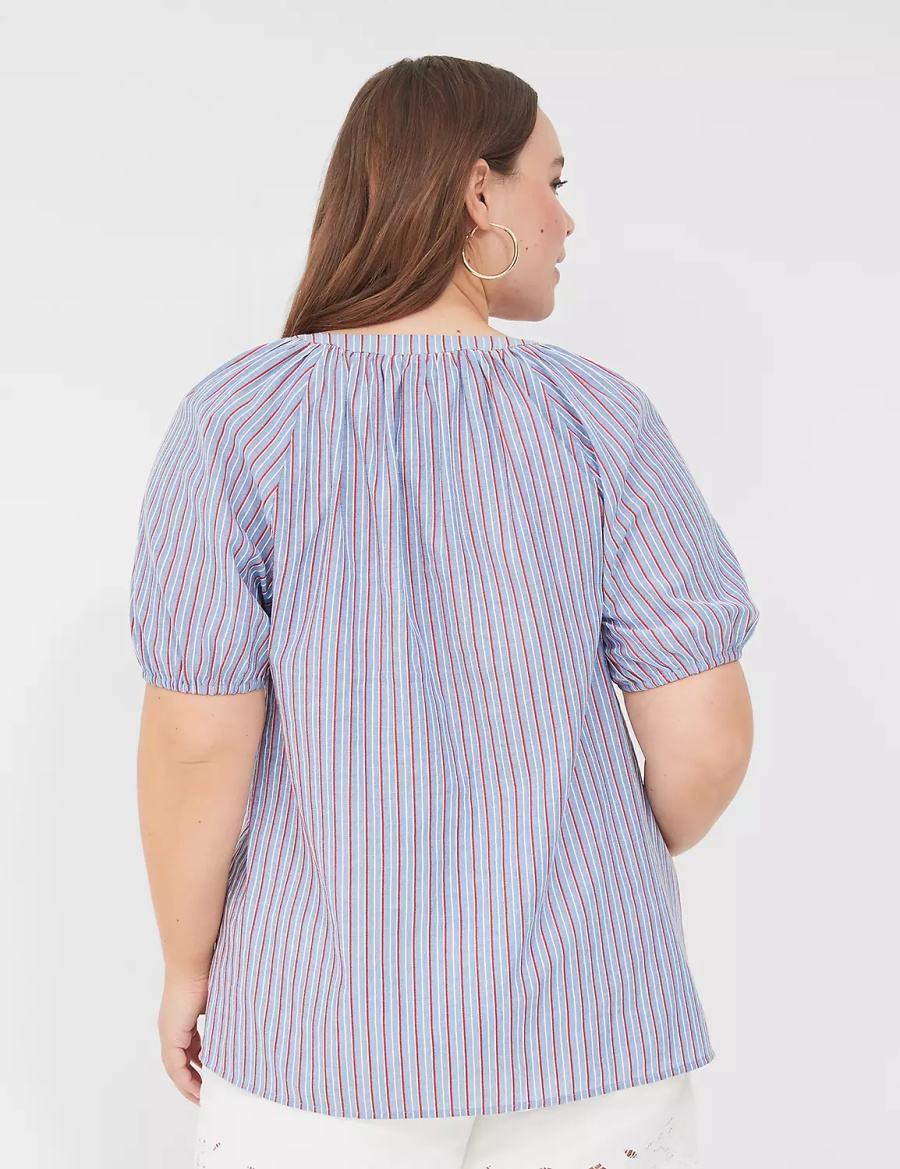 Women Lane Bryant Swing Short-Sleeve Notch-Neck Blouse Blue Stripes | ILZ962NX