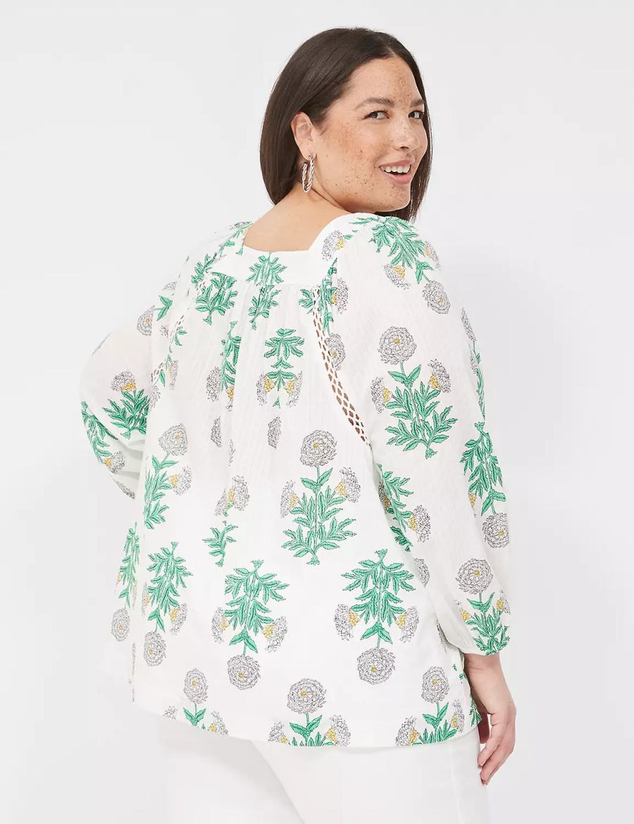 Women Lane Bryant Swing Square-Neck Peasant Blouse White Green | MVN1413OP