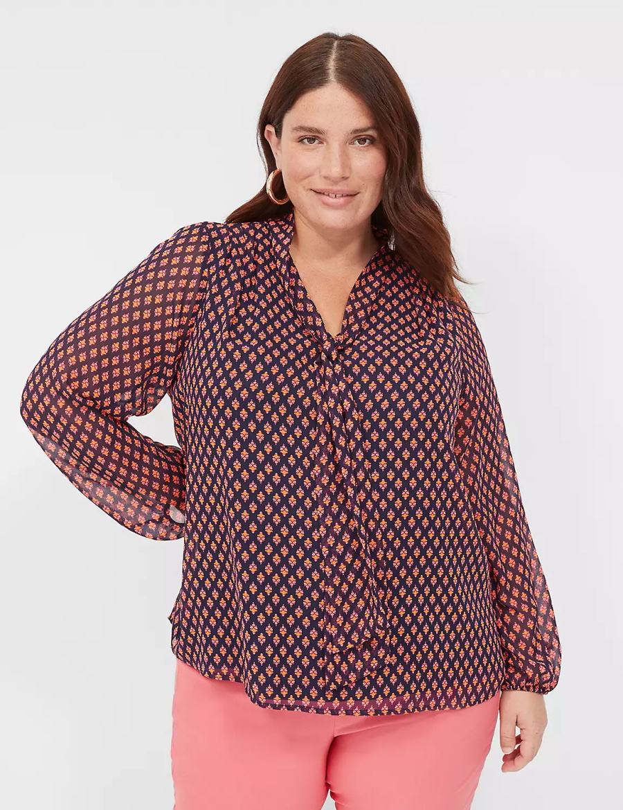 Women Lane Bryant Tie-Neck Popover Blouse Black Red | VNS8931ZO