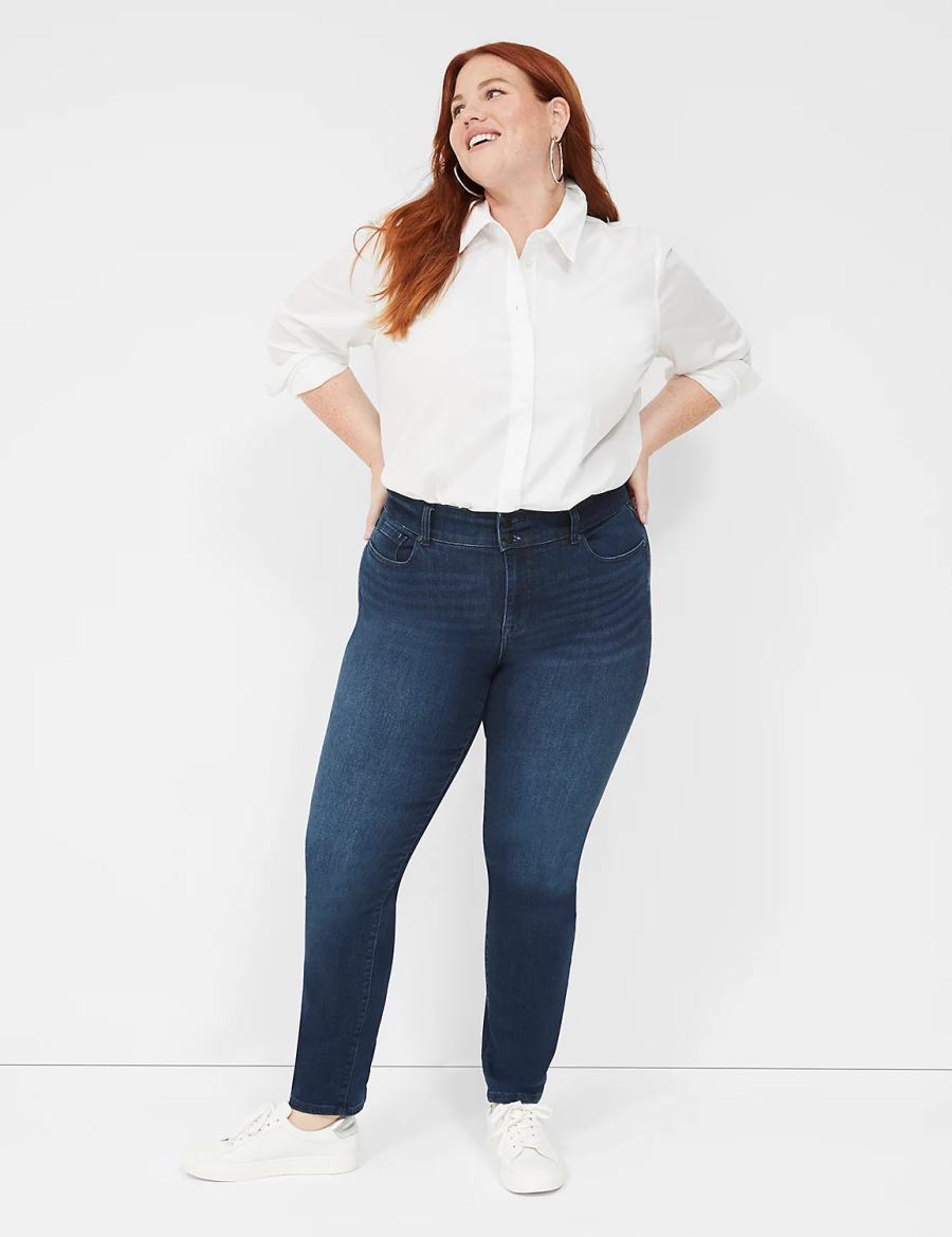 Women Lane Bryant Tighter Tummy Fit High-Rise Straight Jeans Dark Blue | NZS472ER