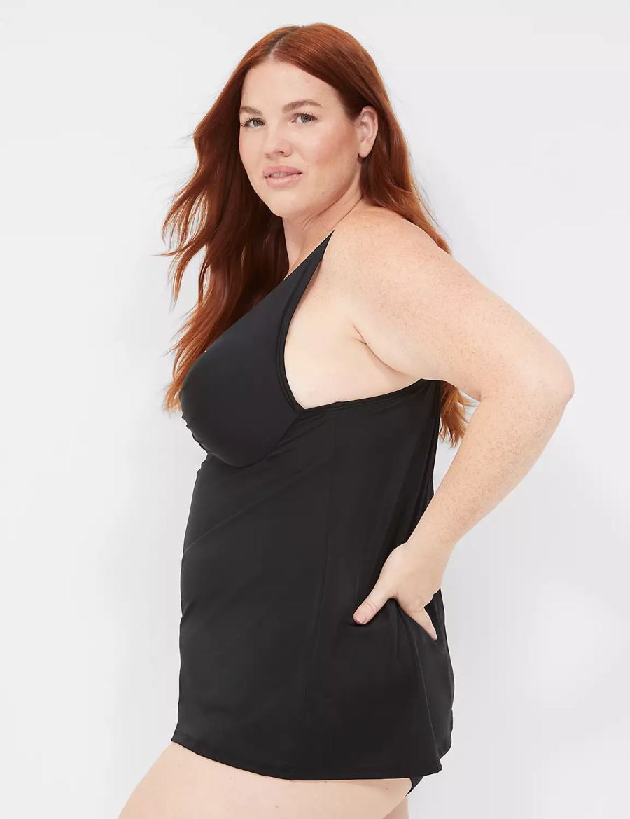 Women Lane Bryant Underwire O-Ring Tankini Bikini Top Black | DYW7643OG