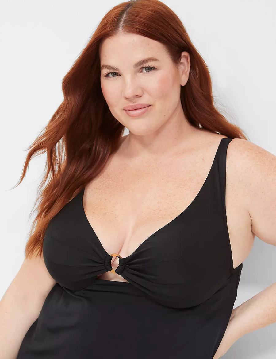 Women Lane Bryant Underwire O-Ring Tankini Bikini Top Black | DYW7643OG