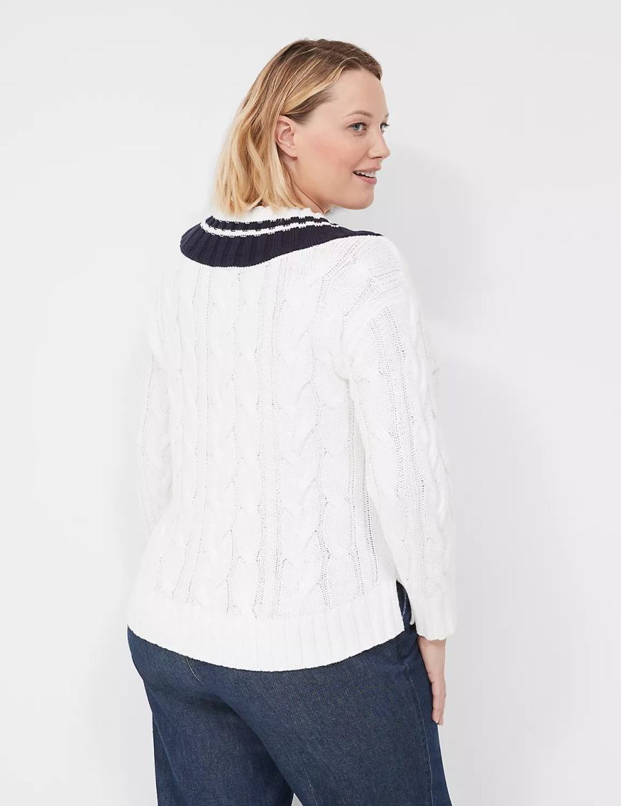 Women Lane Bryant V-Neck Cable Pullover Sweaters White | BSF5083RK