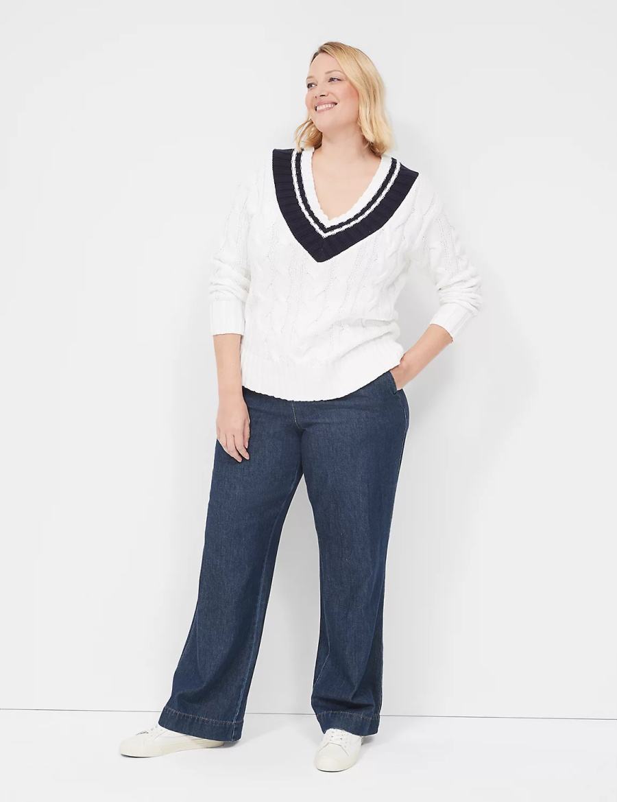 Women Lane Bryant V-Neck Cable Pullover Sweaters White | BSF5083RK