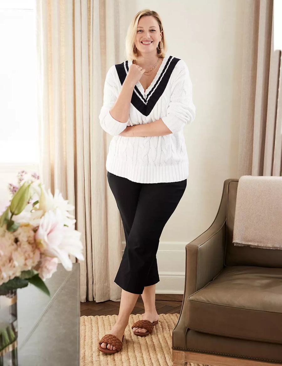 Women Lane Bryant V-Neck Cable Pullover Sweaters White | BSF5083RK