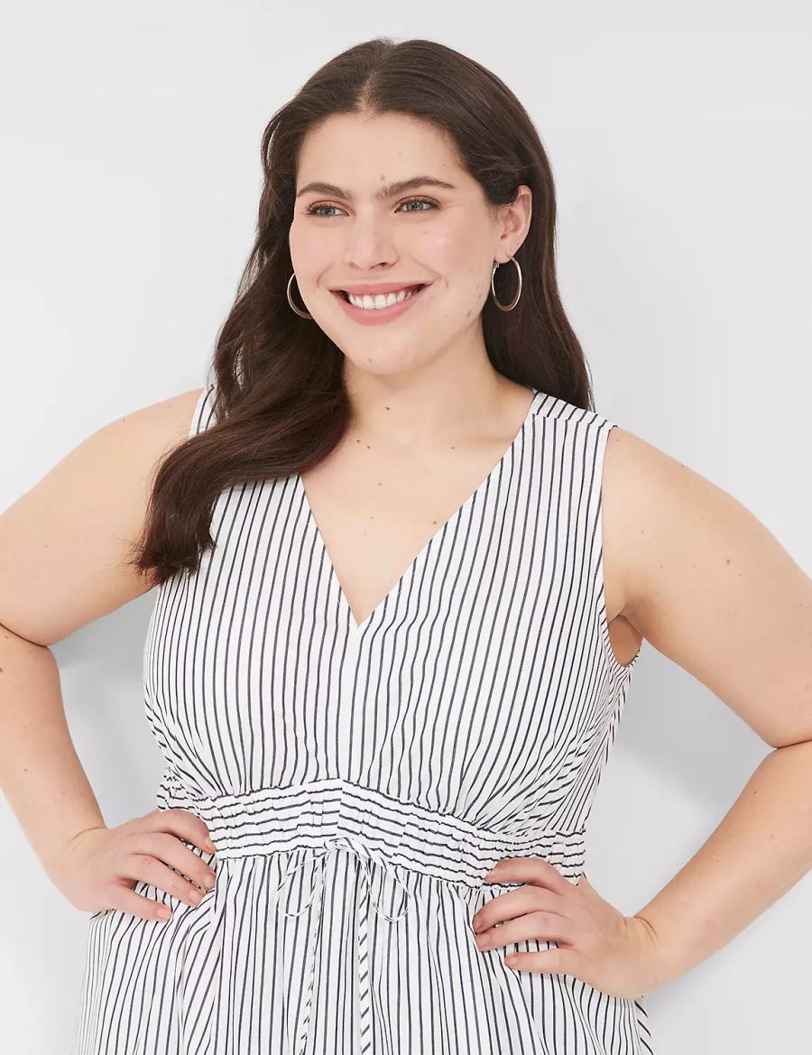 Women Lane Bryant V-Neck Elastic-Waist Midi Dress White Black Stripes | YXR845ZI