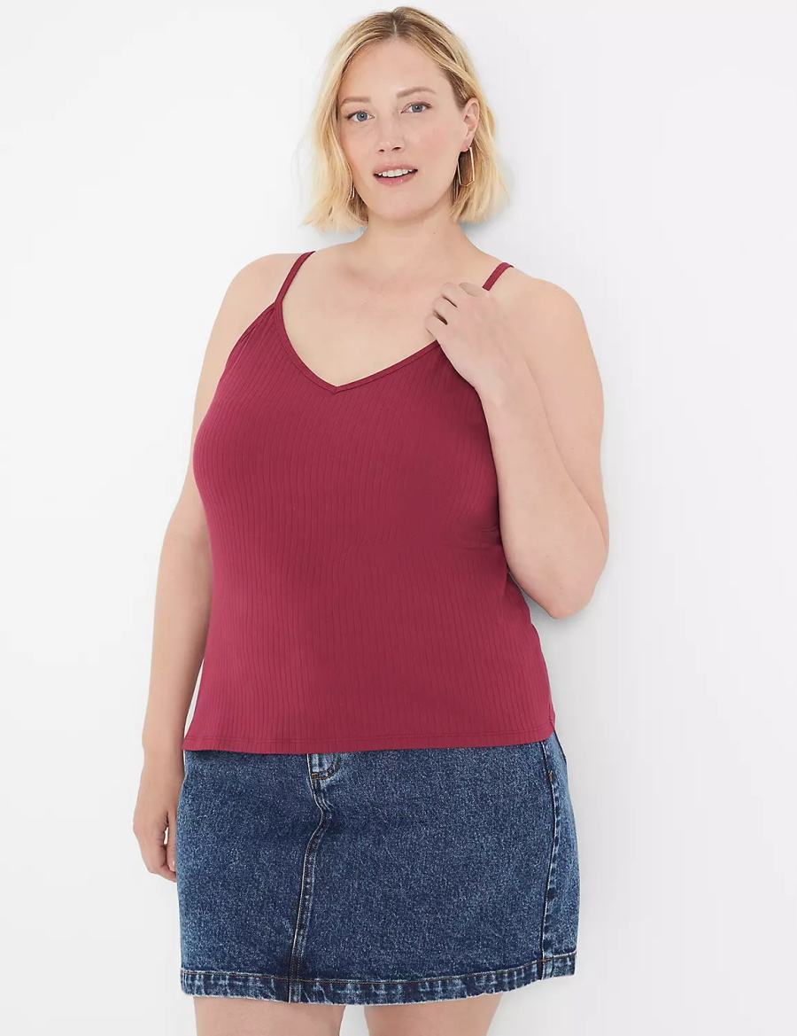 Women Lane Bryant V-Neck Rib Cami Tank Top Burgundy | UGO1848PV