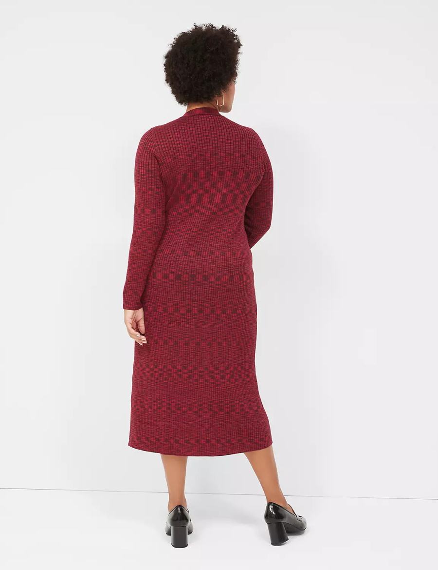 Women Lane Bryant V-Neck Rib Sweater Midi Dress Dark Red | VZL9227RT