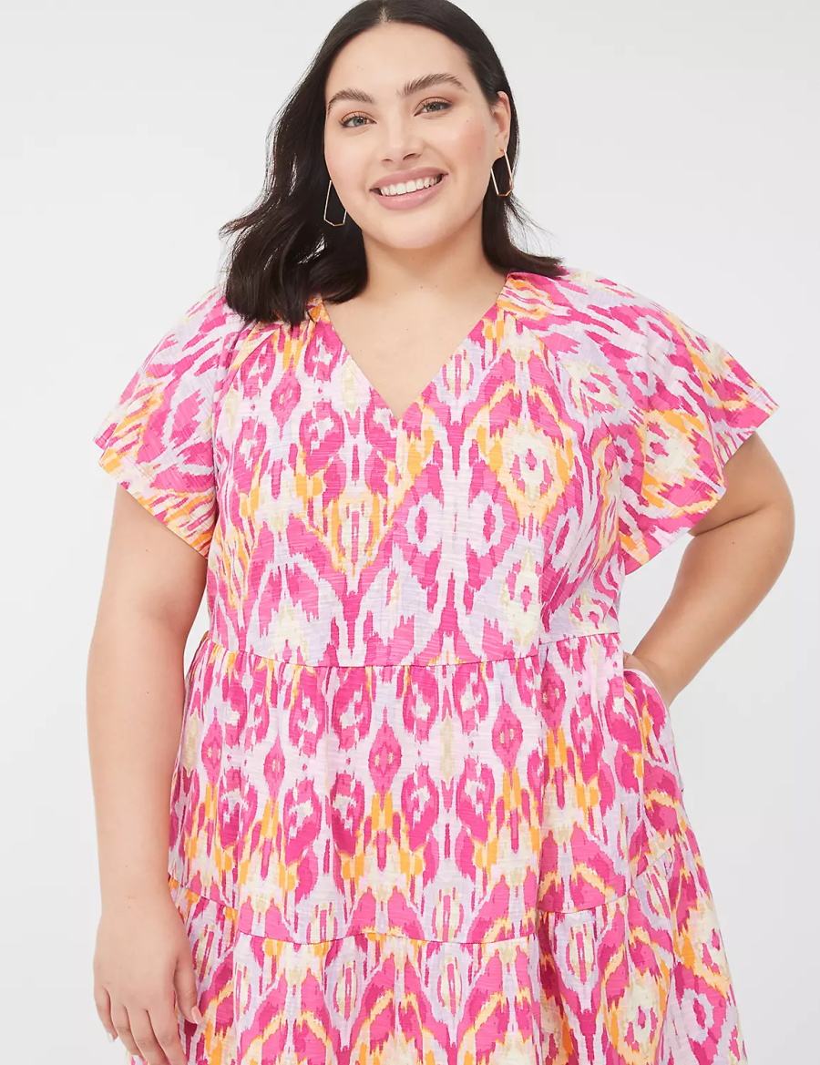 Women Lane Bryant V-Neck Tiered Easy Short Dress Pink | HPR3075CY