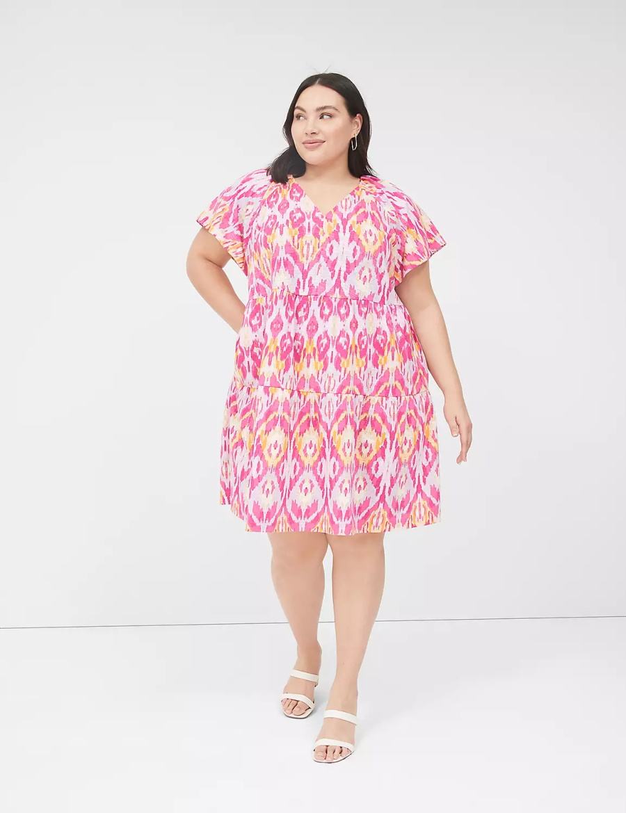 Women Lane Bryant V-Neck Tiered Easy Short Dress Pink | HPR3075CY