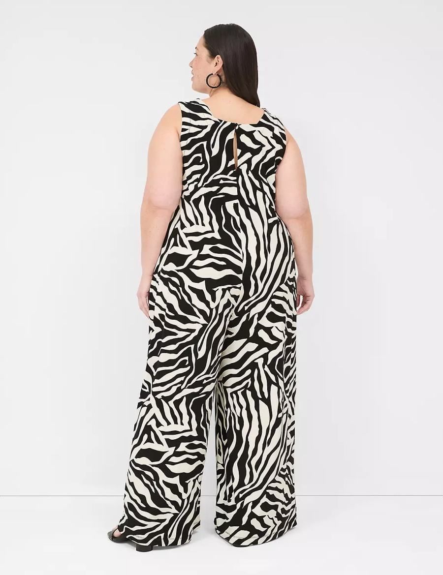 Women Lane Bryant V-Neck Wide Leg Jersey Jumpsuit White Black | QWR244ZX