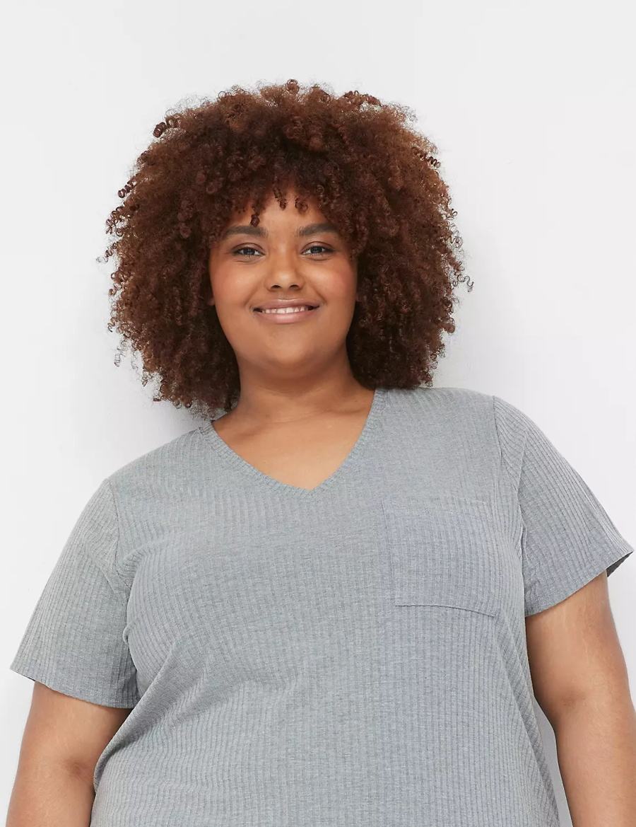 Women Lane Bryant Wide Rib Pocket V-Neck Tee T Shirts Grey | LZG7062BQ