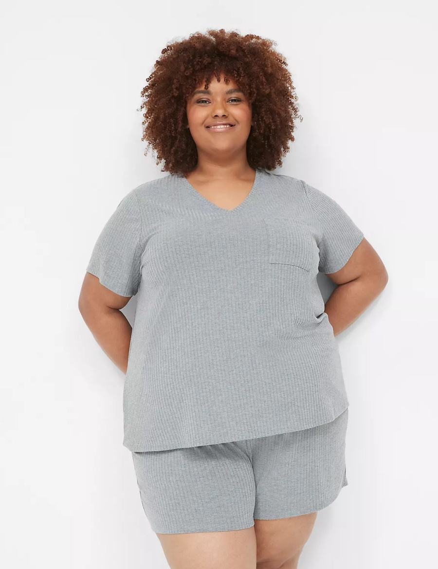 Women Lane Bryant Wide Rib Pocket V-Neck Tee T Shirts Grey | LZG7062BQ