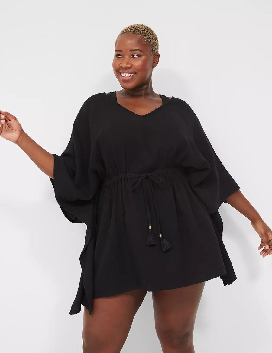 Women Lane Bryant Woven Crinkle Cover Ups Black | YLJ5149JP