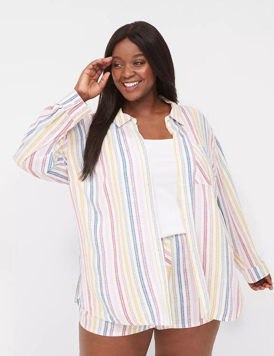 Women Lane Bryant Woven Print Mix Sleep Shirts White Multicolor Stripes | BNO1797MK