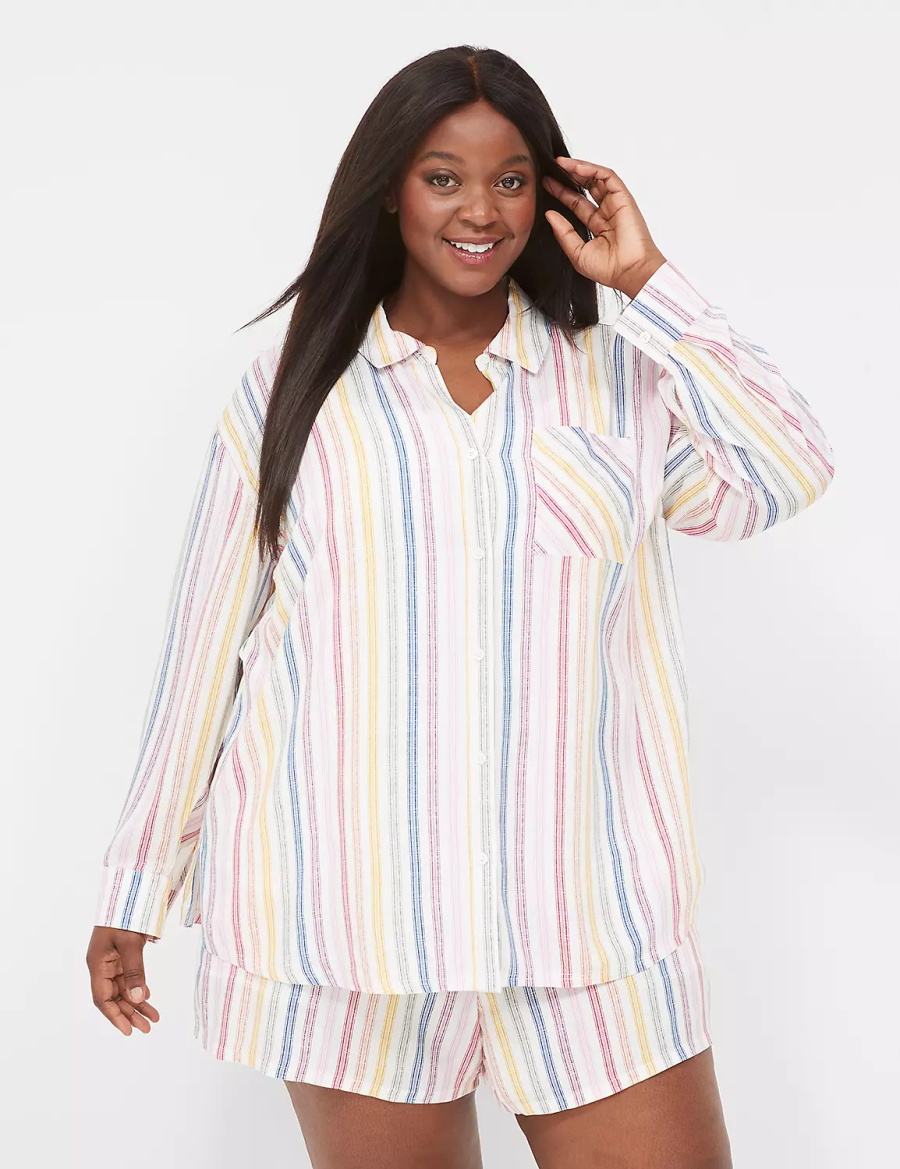 Women Lane Bryant Woven Print Mix Sleep Shirts White Multicolor Stripes | BNO1797MK