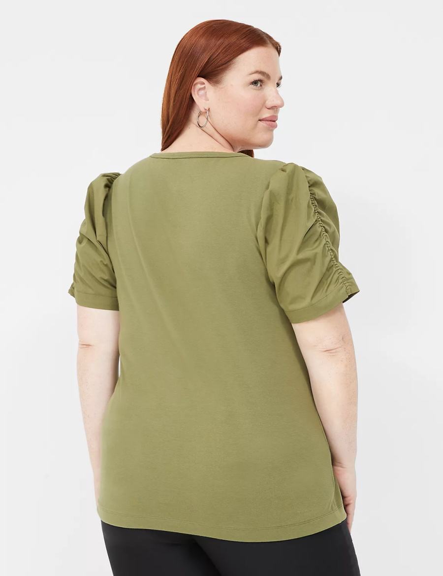 Women Lane Bryant Woven Puff-Sleeve V-Neck Knit Tee T Shirts Green | ZKD6686IX