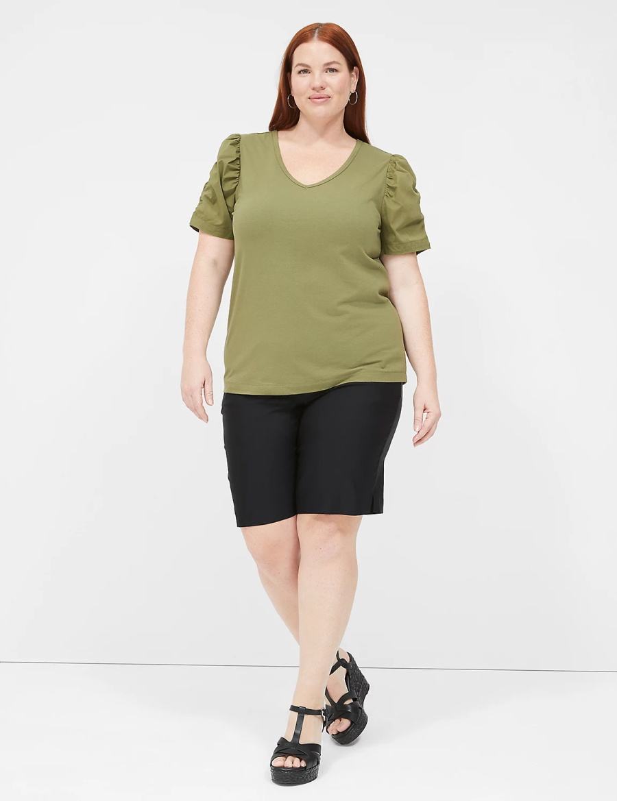 Women Lane Bryant Woven Puff-Sleeve V-Neck Knit Tee T Shirts Green | ZKD6686IX