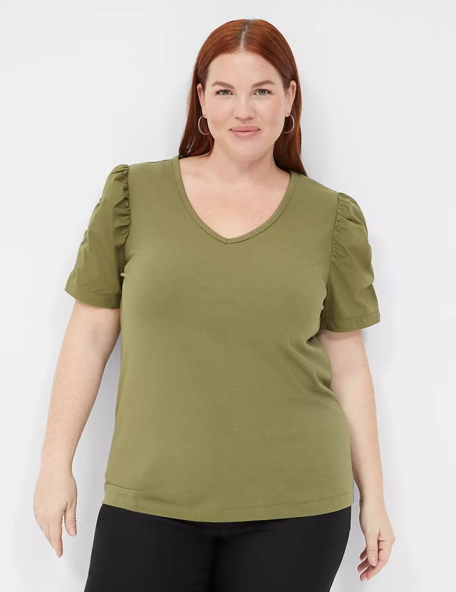 Women Lane Bryant Woven Puff-Sleeve V-Neck Knit Tee T Shirts Green | ZKD6686IX