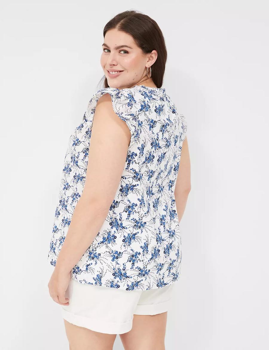 Women Lane Bryant Woven & Knit Cap Flutter-Sleeve Top Blouse Blue White | OBA7931IT